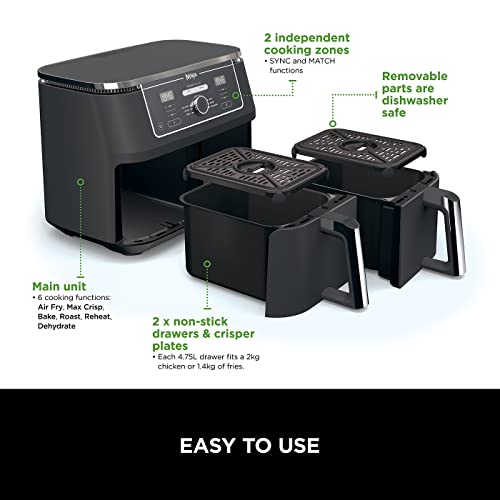 Ninja Foodi MAX Dual Zone Digital Air Fryer, 2 Drawers, 9.5L, 6-in-1, Uses No Oil, Max Crisp, Roast, Bake, Reheat, Dehydrate, Cook 8 Portions, Non-Stick Dishwasher Safe Baskets, Black AF400UK — image 13
